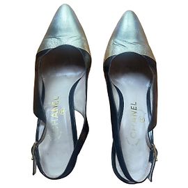 Chanel Black and Gold Leather Slingback Pumps Black Golden