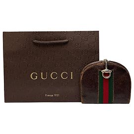 Monedero Vintage Gucci Web Stripe de cuero Brown Gold Verde