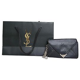 Vintage Yves Saint Laurent Leather Chain Wallet Black Silver Black