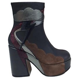 Coach Platform Block Heel Ankle Boots Brown Black Metallic