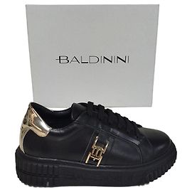 Sapatilhas Baldinini Couro Preto e Dourado Preto Dourado