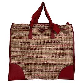 Prada Triangle Logo Plate Tweed Handbag Red