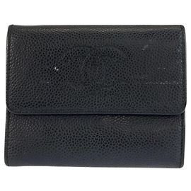 Chanel Coco Mark Black Leather Folding Wallet Black