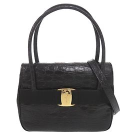Salvatore Ferragamo Vara Embossed Leather 2-Way Handbag Black