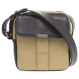 Yves Saint Laurent Canvas Leather Shoulder Bag Black Beige
