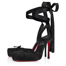Christian Louboutin Black Satin Bow Ankle Strap Pumps Black