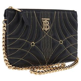 BURBERRY Chain Shoulder Bag Leather Black Gold Auth ka5988V Black Golden