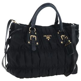Bolsa de Mão PRADA Nylon 2way Preta Dourada Auth 200017V Preto Dourado