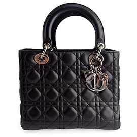 Autre Marque Lady Dior Medium Zip Closure Cannage Lambskin Leather 2-Ways Tote Bag Black Black