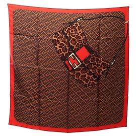 Fendi Zucca Leopard Handbag Motif Wool Scarf Brown Red