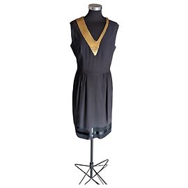 Moschino Couture! Robe en crêpe de soie noir et sequins or mat Noir Doré