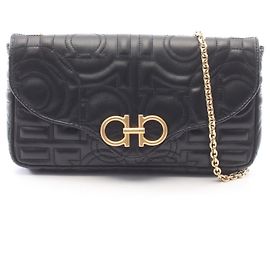Salvatore Ferragamo Black Leather Gancini Shoulder Bag Black