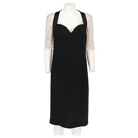 Mila Schön Black Silk Dress with Lace and Sequins Black