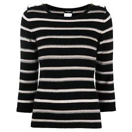 Pull Chanel Rayé en Cachemire Noir Rose Blanc Gris Noir