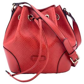 Gucci Borsa a secchiello a spalla in pelle rossa brillante con diamanti e coulisse Rosso