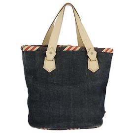 Bolsa de mão BURBERRY Blue Label Denim Couro Azul Bege Prata Auth ti2223 Prata Azul Bege