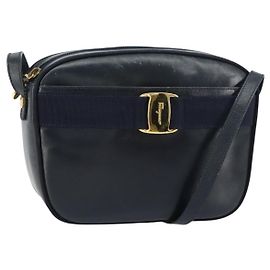 Sac à épaule Salvatore Ferragamo Vala en cuir Navy Gold Auth BA8897 Doré Bleu Marine