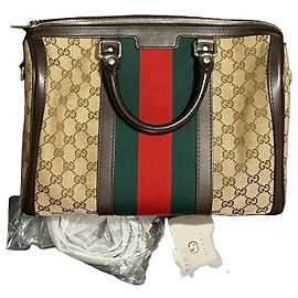 Gucci GG Supreme Canvas Boston Bag with Web Stripe Brown Red Beige Green