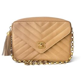 Chanel Bolsa Camera Bijoux Chevron Caviar Bege Bege