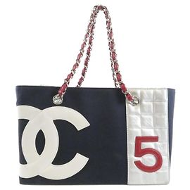 Chanel 18643 Handbag Navy Red White Leather Canvas White Red Navy blue