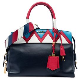 Prada Blue Medium Saffiano Trimmed City Calf Greca Esplanade Satchel Handtasche Blau Marineblau