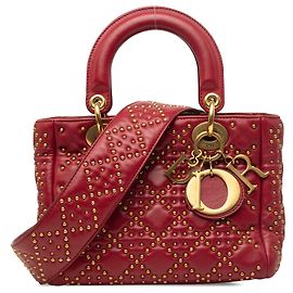 Autre Marque Dior Red Small Lambskin Cannage Studded Supple Lady Dior Roja