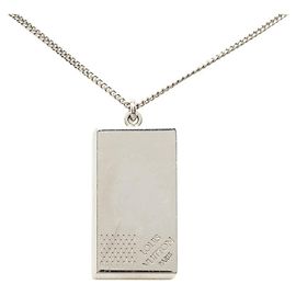 Louis Vuitton Damier Collier Plaque Logo Plate Chain Pendant Necklace Argento