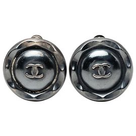 Chanel Coco Mark Round Earrings Black Silvery