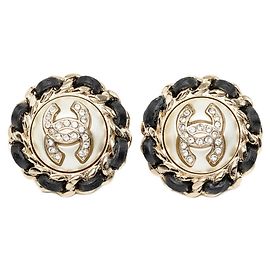Chanel Coco Mark Chain Clip Earrings Black