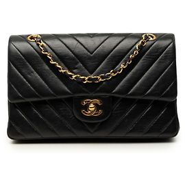 Chanel Chevron V-Stitch Coco Mark Double Flap Chain Shoulder Bag Black