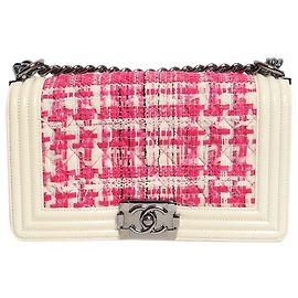 Chanel Bolsa Boy 2014 em couro e tweed rosa e branca Rosa
