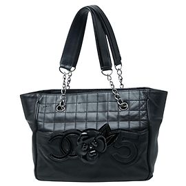 Chanel Coco Mark Camellia Chocolate Bar Chain Tote Bag Black
