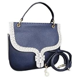 Bolsa de Ombro em Couro Two-Tone Tory Burch Cru Azul marinho