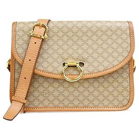 Céline Celine Vintage Macadam Circle Logo Canvas and Leather Beige