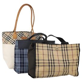BURBERRY Nova Check Hand Bag Canvas 3 Set Beige Blue Auth 202176 Azul Beige
