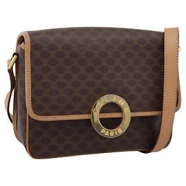 Céline Bolsa de Ombro Circular CELINE Macadam Canvas PVC Couro Marrom Dourado Auth 202874A Marrom Dourado