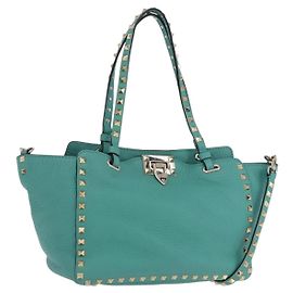 VALENTINO Studs Tote Bag Leather 2way Turquoise Blue Gold Auth BA15656A Golden Turquoise