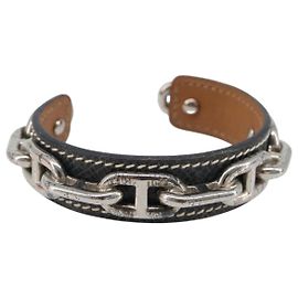 Hermès HERMES Bangle Chaine d'Ancre Armband Metall Leder Silver Black Auth 200739V Schwarz Silber