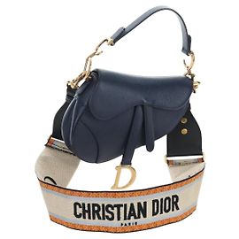 Christian Dior Saddle Shoulder Bag Leather 2way Navy Gold Auth 203000V Golden Navy blue