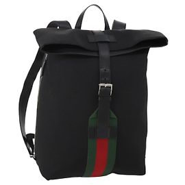 GUCCI Web Sherry Line Backpack Canvas Leather Black Silver 337075 Auth hk4063A Black Silvery