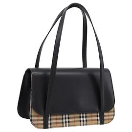 Burberrys Nova Check Hand Bag Canvas Leather Beige Silver Auth 203220V Silvery Beige