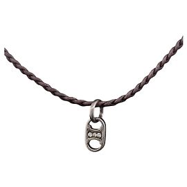 Céline Colar Choker CELINE Couro Brown Auth SW2831 Marrom