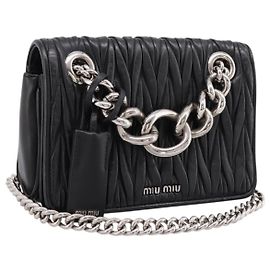 Miu Miu Matelasse Chain Shoulder Bag Leather Black Silver Auth 203216V Black Silvery
