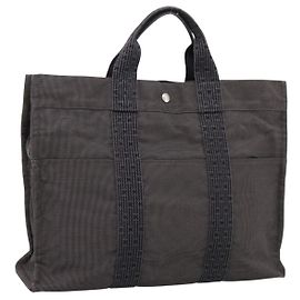 Hermès HERMES Her Line Tote MM Tote Bag Canvas Gray Silver Auth 203783 Brown Silvery