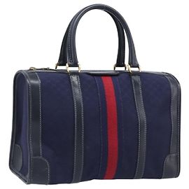 GUCCI Micro GG Canvas Sherry Line Boston Bag Navy Gold Auth 203400A Golden Navy blue