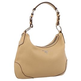 Bolsa de Ombro PRADA em Couro Bege Prateado BR3373 Auth am12571V Prata Bege