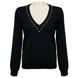 Givenchy V-Ausschnitt Wollstrickpullover langärmlig in Schwarz / Silber mit Perlenverzierung Schwarz