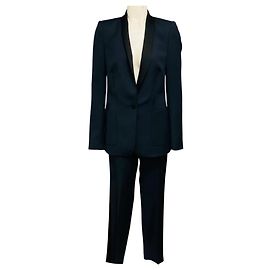 Autre Marque Pallas Navy Blue / Black Satin Trimmed Wool Crepe Jacket and Pants Suit Set Navy blue