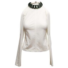 White & Dark Green JW Anderson Chain-Accented Cold Shoulder Top Size US S White
