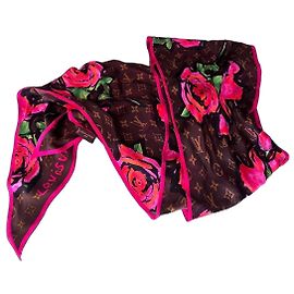 Pañuelo de seda Louis Vuitton Monogram Rose Castaño Rosa Roja Verde